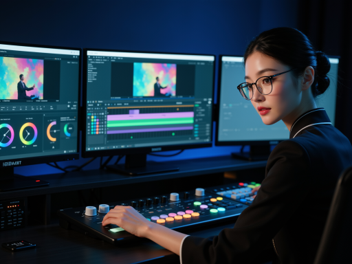 年轻女性视频制作师,穿休闲服装,工作室内电脑前专注工作