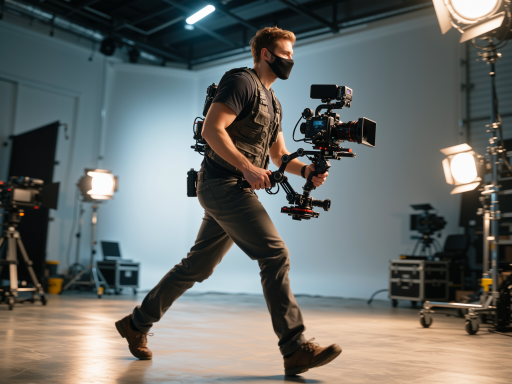 中年男性摄影师,手持摄像设备,体育场馆内拍摄现场