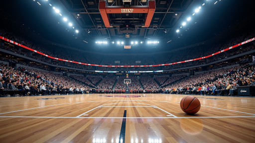 篮球比赛精彩集锦，运动员在场上激烈对抗，观众席座无虚席，明亮灯光照耀球场