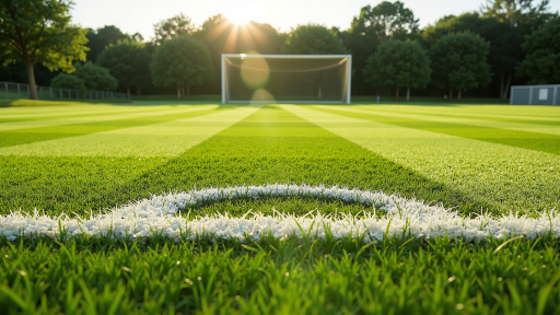 足球训练场上的球员们正在练习射门，教练在一旁指导，阳光明媚的户外环境