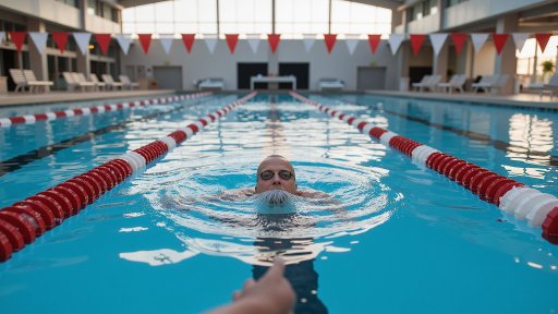 游泳池中的运动员正在进行自由泳训练，水面波光粼粼，现代化泳池设施