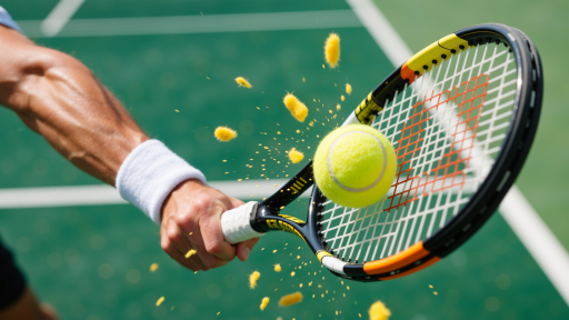 网球比赛中选手挥拍击球的瞬间，观众席上人们专注观看比赛